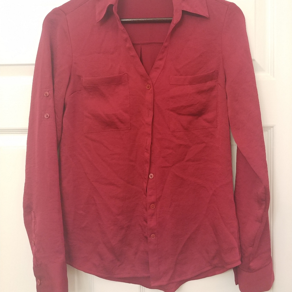 Express Petite Red Button Down Blouse - image 1